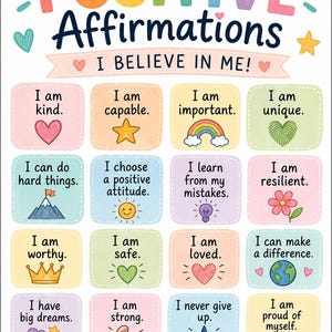 以下が含まれることがあります： Positive Affirmationsと題されたカラフルな教育用ポスター。サブタイトルはI BELIEVE IN ME!。パステルカラーの16個の正方形が並び、それぞれに肯定的な言葉と、ハート、星、虹などの小さなアイコンが描かれています。