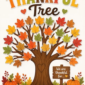 Könnte beinhalten: Ein Thankful Tree Wandbild mit einem braunen Baumstamm und einer Herz-Kontur, umgeben von bunten Herbstblättern in Rot, Orange, Gelb und Grün. Ein Holzschild trägt die Aufschrift We are thankful for... mit Kürbissen am Boden.