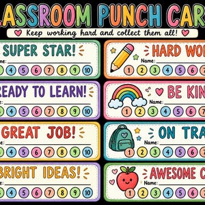 May include: A set of eight colorful classroom punch cards on a black background. Each card features a unique icon, a title like Super Star or Hard Worker, a name line, and ten numbered circles for punching. The text reads Classroom Punch Cards.