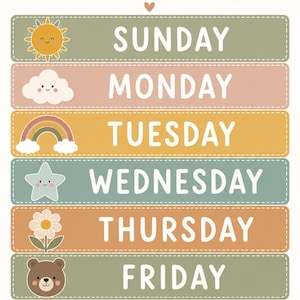 May include: A Days of the Week wall chart featuring seven horizontal rectangular panels in muted earth tones. Each panel displays a day name in white text alongside a small icon: a sun, cloud, rainbow, star, flower, bear face, and heart.