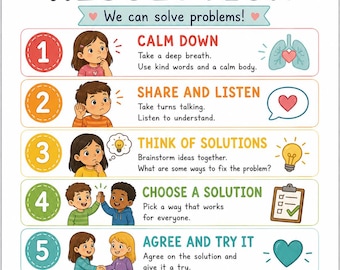 Puede incluir: Un póster educativo colorido titulado CONFLICT RESOLUTION con el subtítulo We can solve problems! Enumera seis pasos numerados con ilustraciones de niños e iconos, terminando con el texto Be kind. Be respectful. Be a problem solver!
