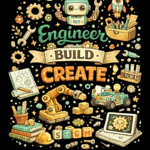 May include: A black graphic print featuring a central robot holding wrenches, surrounded by illustrations of a rocket, gears, a robotic arm, a toolbox, books, and a tablet. The text reads Engineer, BUILD, CREATE, and STEM on colorful blocks.