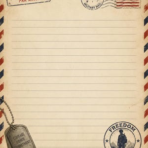 May include: A vintage-style lined stationery sheet with red and blue diagonal border stripes. It features an Air Mail stamp, a U.S. Military Mail postmark with an American flag, a pair of metal dog tags labeled Courage Honor Commitment, and a Freedom Isn't Free stamp.