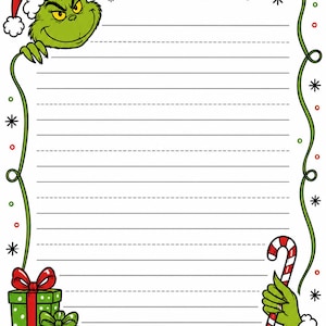 Puede incluir: Una hoja de papel de carta blanca con líneas horizontales y un borde verde con copos de nieve negros y puntos rojos y verdes. Arriba a la izquierda hay un personaje verde con gorro de Papá Noel, y abajo, dos regalos y un bastón de caramelo.