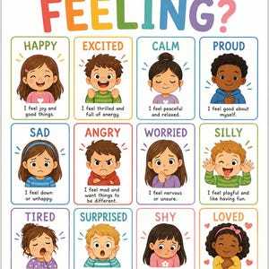 Op de afbeelding: Een kleurrijke educatieve poster getiteld How Are You FEELING? met twaalf geïllustreerde kinderen die verschillende emoties uitdrukken, waaronder blij, opgewonden, kalm, trots, verdrietig, boos, bezorgd, gek, moe, verrast, verlegen en geliefd met beschrijvende tekst.
