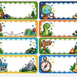 May include: A set of eight rectangular labels with scalloped white centres and colourful borders featuring cartoon illustrations of adventure themes including a backpack, globe, dinosaur, volcano, penguin, tent, camera, compass, and maps with text.