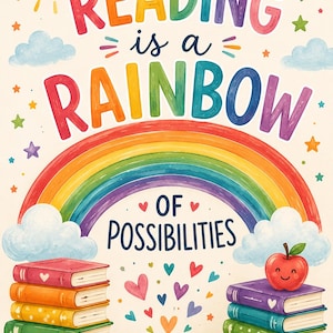 May include: A colorful poster featuring the text READING is a RAINBOW OF POSSIBILITIES. The design includes a smiling sun, clouds, stars, a large rainbow, two stacks of multi-colored books, a smiling red apple, and various small hearts.