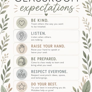 Puede incluir: Un póster de expectativas para el aula con un borde de hojas botánicas y seis reglas: Be Kind, Listen, Raise Your Hand, Be Prepared, Respect Everyone y Do Your Best. El texto incluye We Are A Team, We Are Learners y We Are Amazing.