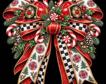 Christmas Fireman Bow PNG | First Responder | Fire Dept | Peppermints | Candy Canes | Sublimation Design (Digital Download)