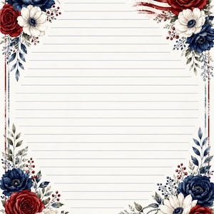 Puede incluir: Una hoja de papel de carta con líneas y temática patriótica, decorada con arreglos florales en rojo, blanco y azul en las esquinas. La esquina superior derecha incluye una bandera estadounidense ondeando y la inferior derecha dos placas de identificación.