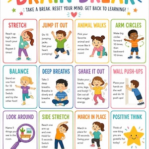 May include: A colorful educational poster titled BRAIN BREAK with the subtitle TAKE A BREAK. RESET YOUR MIND. GET BACK TO LEARNING! It features twelve illustrated activity boxes including STRETCH, JUMP IT OUT, ANIMAL WALKS, and POSITIVE THINK.