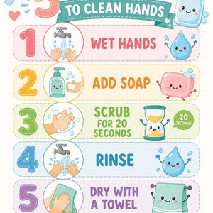 Op de afbeelding: Een kleurrijke educatieve poster getiteld 5 EASY STEPS TO CLEAN HANDS. Het bevat vijf genummerde stappen met cartoonillustraties van een kraan, zeepdispenser, zandloper en handdoek, eindigend met de tekst CLEAN HANDS, HEALTHY FRIENDS!