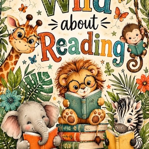 May include: A colorful poster featuring the text Wild about Reading surrounded by illustrations of a giraffe, a monkey, a lion, an elephant, and a zebra, all reading books. The animals are set against a background of tropical leaves and flowers.