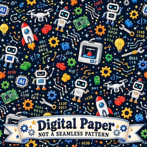 Puede incluir: Un fondo azul oscuro con un patrón repetitivo de robots blancos, cohetes, drones, bombillas, engranajes, placas de circuito, bloques de construcción, llaves inglesas y código binario. Una pancarta abajo dice Digital Paper NOT A SEAMLESS PATTERN.