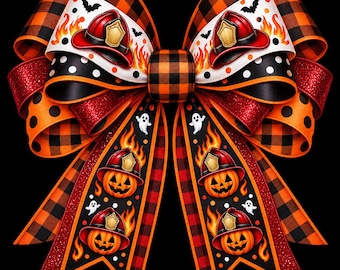 Halloween Fireman Bow PNG | First Responder | Fire Dept | Pumpkins | Sublimation Design (Digital Download)