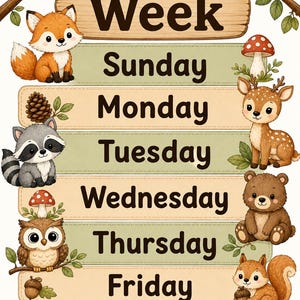 May include: A Days of the Week educational wall chart featuring a wooden sign header and seven horizontal panels with the days Sunday through Saturday. The design includes illustrations of a fox, deer, raccoon, bear, owl, squirrel, and hedgehog.