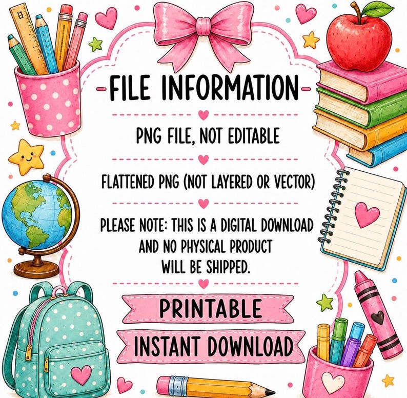 Pu&ograve; includere: Un grafico informativo per file digitali con un fiocco rosa, una pila di libri con una mela, un mappamondo, uno zaino a pois e portamatite. Il testo recita: FILE INFORMATION, PNG FILE, NOT EDITABLE, FLATTENED PNG, DIGITAL DOWNLOAD.