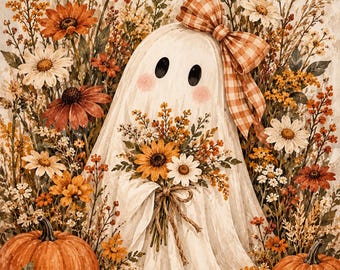 Printable Ghost in Wildflowers Wall Art | Farmhouse | Home Decor | Halloween | Autumn | Pumpkins |  Digital Download