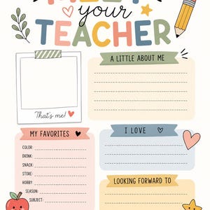 Op de afbeelding: Een Meet Your Teacher printbaar sjabloon met pastelkleurige koppen, een fotokader en secties voor persoonlijke gegevens. Het bevat een potlood, een lachende appel en een sterillustratie met de tekst I CAN'T WAIT TO LEARN AND GROW WITH YOU!