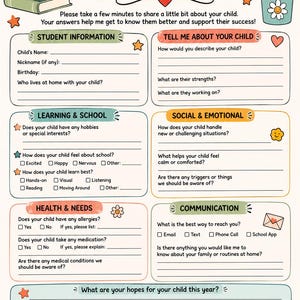 May include: A printed parent questionnaire form with sections for student information, learning, social and emotional needs, health, and communication. The document features colorful illustrations of books, pencils, a backpack, and stars on a cream background.
