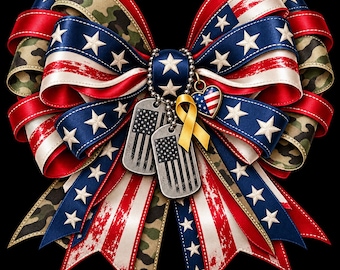 Patriotic Camo Bow PNG | Military | Deployment Ribbon | Digital Download (Sublimation Clipart)