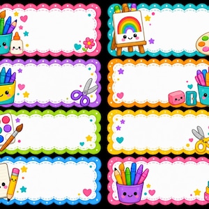 May include: Eight rectangular labels with scalloped edges and white centres, decorated with colourful kawaii-style school supplies including paintbrushes, crayons, scissors, glue, a rainbow canvas, a notebook, and a palette, all featuring smiling faces.