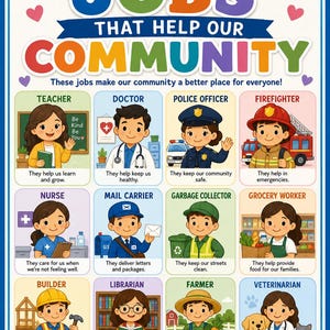 Puede incluir: Un póster educativo titulado JOBS THAT HELP OUR COMMUNITY que presenta doce personajes ilustrados que representan diversas profesiones, incluyendo un maestro, médico, oficial de policía, bombero, enfermero, cartero y recolector de basura.