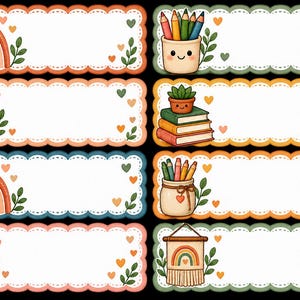 May include: A set of eight rectangular labels with scalloped edges, each featuring a white center and colorful borders. Illustrations include rainbows, potted plants, stacks of books, pencil holders, and flowers, accented with small orange and green hearts.