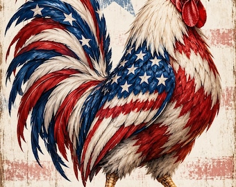 Printable Americana Rooster Wall Art | Farmhouse | Home Decor | Patrotic | Red White & Blue | Digital Download
