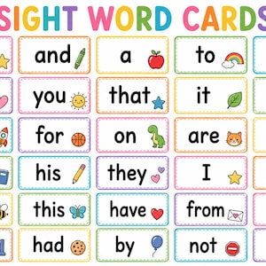 May include: A set of educational sight word cards arranged in a grid. Each rectangular card features a black text word, a colorful dashed border, and a small icon such as a star, apple, rainbow, flower, heart, rocket, or animal. The title reads SIGHT WORD CARDS.