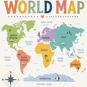 May include: A colorful world map poster titled OUR WORLD MAP featuring continents in distinct colors, including green for North America, orange for South America, purple for Europe, yellow for Africa, teal for Asia, and orange for Australia.