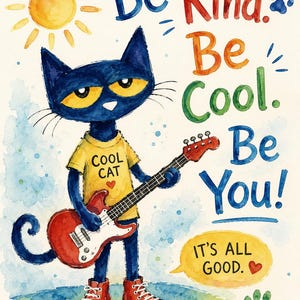 May include: A watercolor illustration of a blue cat wearing a yellow t-shirt with the text COOL CAT and red sneakers, playing a red electric guitar. The text reads Be Kind. Be Cool. Be You! and IT'S ALL GOOD. with a yellow sun and paw prints.