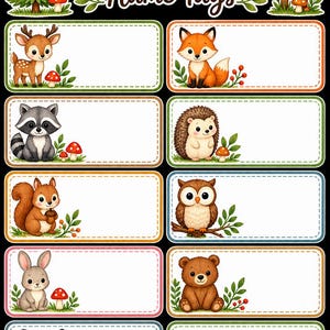 Pode incluir: Uma folha com dez etiquetas retangulares com ilustrações de animais da floresta, incluindo veado, raposa, guaxinim, ouriço, esquilo, coruja, coelho, urso, gambá e rato, com o texto WOODLAND Name Tags no topo sobre um fundo preto.