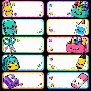 May include: A set of ten rectangular labels with rounded corners, each featuring a unique kawaii-style school supply illustration including a pencil, crayons, notebook, glue, scissors, pencil case, backpack, highlighter, sharpener, and eraser.