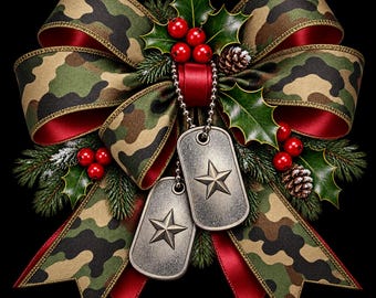 Christmas Military Bow PNG | Patriotic Camo | Holiday | Holly Leaves | Dog Tags | Digital Download (Sublimation Clipart)