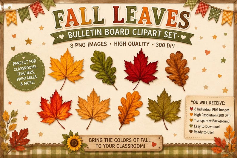 Pu&ograve; includere: Un set di clipart digitali intitolato FALL LEAVES BULLETIN BOARD CLIPART SET con otto immagini individuali di foglie autunnali in tonalit&agrave; di rosso, arancione, giallo e verde. Include dettagli testuali su 8 immagini PNG e 300 DPI.