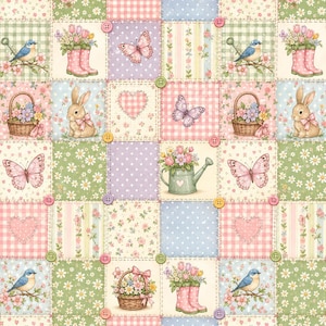 Spring Patchwork | Bunnies | Boots | Birds | Butterflies | Seamless Pattern | Digital Download
