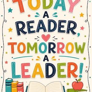 May include: A decorative poster featuring the text "TODAY A READER, TOMORROW A LEADER!" in colorful, stitched-style lettering. The design includes a central open book, stacks of books on both sides, a red apple, and small stars on a cream background.