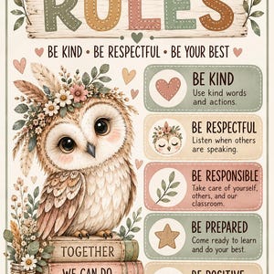 Könnte beinhalten: Ein Klassenzimmer-Regelposter mit einer braunen Eule mit Blumenkranz, die auf drei Büchern sitzt. Der Text lautet: Classroom Rules, Be Kind, Be Respectful, Be Your Best, Together We Can Do Great Things, sowie fünf Regeln mit Symbolen.