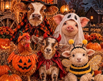 Printable  Halloween Barn Animals Wall Art | Farmhouse | Home Decor | Pumpkins | Costumes | Cow | Pig | Chicken | Goat | Digital Download