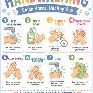 Peut inclure: Une affiche éducative colorée intitulée HANDWASHING Clean Hands, Healthy You! présentant huit étapes numérotées avec des illustrations montrant comment se laver les mains, incluant l'usage du savon, le frottage pendant 20 secondes et le séchage.