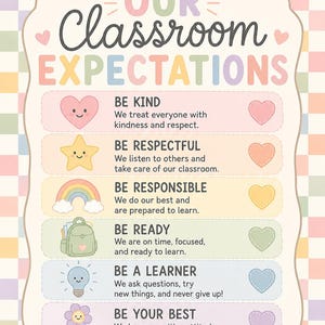 May include: A classroom poster with a pastel checkered background featuring the text OUR CLASSROOM EXPECTATIONS. It lists six rules: BE KIND, BE RESPECTFUL, BE RESPONSIBLE, BE READY, BE A LEARNER, and BE YOUR BEST, each accompanied by a cute icon.