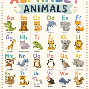 May include: An educational alphabet poster titled ALPHABET ANIMALS featuring colourful illustrations of animals from A to Z, including an alligator, bear, cat, dolphin, elephant, fox, giraffe, hippo, iguana, jaguar, koala, lion, monkey, narwhal, owl, penguin, quail, rhino, sloth, tiger, unicorn, vulture, whale, xerus, yak, and zebra, with the text LEARN GROW EXPLORE at the bottom.