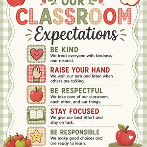 Pode incluir: Um cartaz de sala de aula intitulado OUR CLASSROOM Expectations com um fundo de xadrez vichy verde. Lista cinco regras: BE KIND, RAISE YOUR HAND, BE RESPECTFUL, STAY FOCUSED e BE RESPONSIBLE, cada uma com um ícone e texto descritivo.