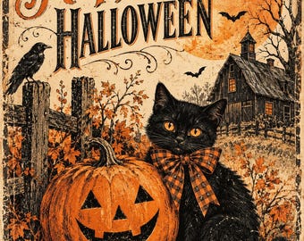 Printable  Vintage Happy Halloween Postcard Wall Art | Farmhouse | Home Decor | Black Cat | Pumpkins | Digital Download