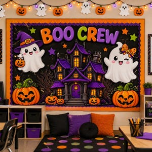 以下が含まれることがあります： BOO CREWの文字、紫色の幽霊屋敷、2体の幽霊、オレンジ色のカボチャが描かれた教室の掲示板。幽霊とカボチャのライトのガーランド、Be Kindの看板、教室のルールの看板が壁に飾られている。