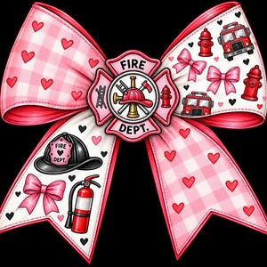 May include: A decorative bow featuring a pink and white gingham pattern with red hearts, alongside white sections printed with red fire trucks, fire hydrants, pink bows, and a black fire helmet. A central emblem reads FIRE DEPT.