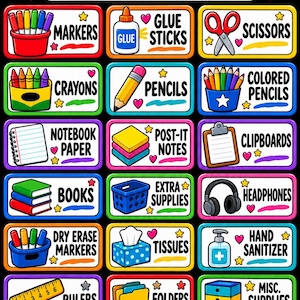 May include: A set of classroom organisation labels featuring colourful icons and text for items like markers, glue sticks, scissors, crayons, pencils, notebooks, post-it notes, clipboards, books, supplies, tissues, sanitiser, rulers, and folders.