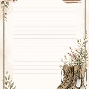 Puede incluir: Una hoja de papel de carta rayado con una ilustración en acuarela de un par de botas militares de color tostado con placas de identificación, decorada con flores silvestres y una pequeña bandera estadounidense en la esquina superior derecha.