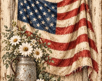 Printable American Flag & Flowers Wall Art | Farmhouse | Home Decor | Americana | Patriotic | Digital Download